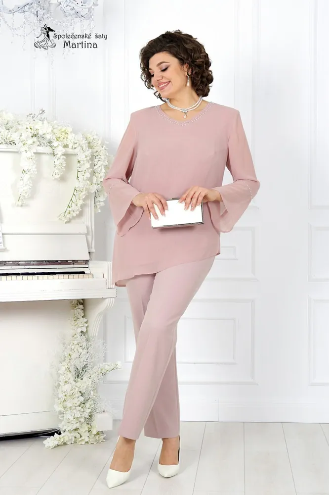 Pudrově růžový elegantní společenský kalhotový komplet "Apolena"  