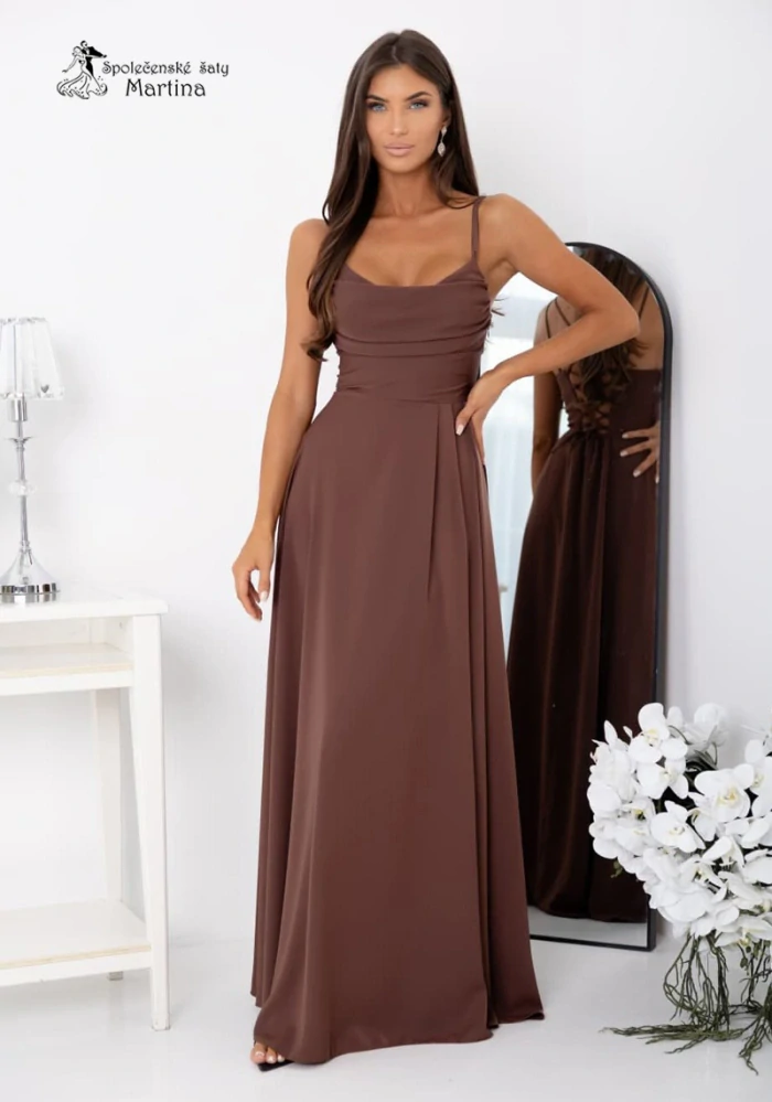 Čokoládové společenské šaty "Valeria" s výstřihem "voda"