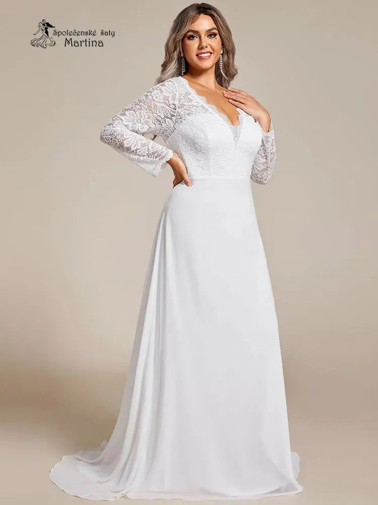 Bílé plus size svatební šifonové šaty s krajkovým živůtkem a dlouhým rukávem "Akira"