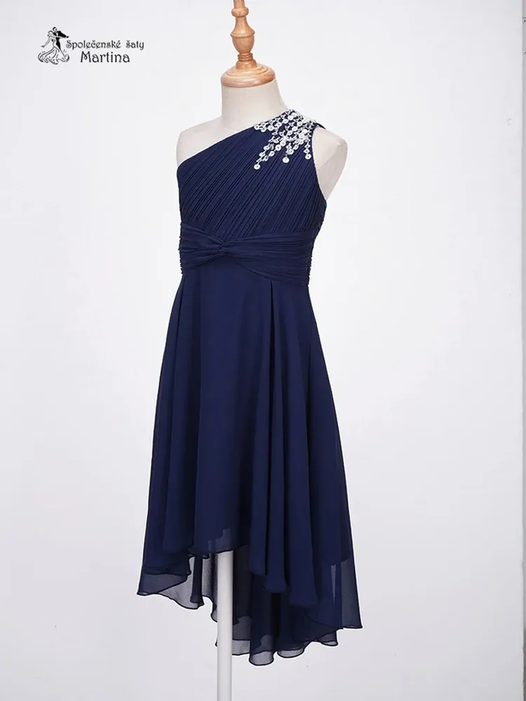 Tmavě modré asymetrické dívčí šaty "Nikolka" na jedno rameno - vel. 12