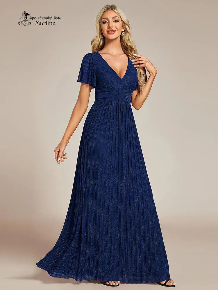 Tmavě modré žebrované společenské šaty "Ebonny" s krátkými rukávy 