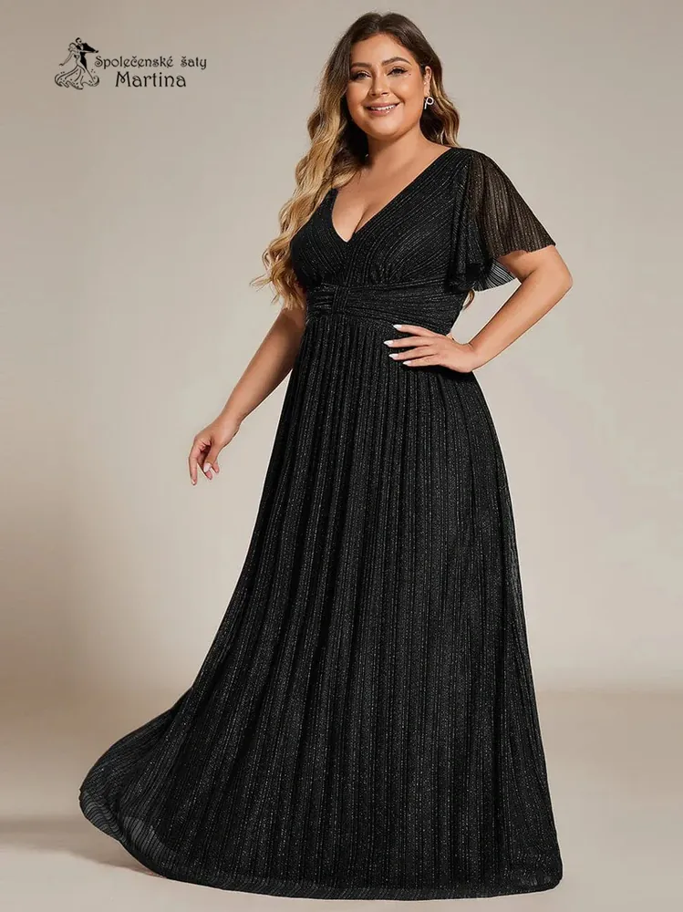 Černé plus size žebrované společenské šaty "Ebonny" s krátkými rukávy 
