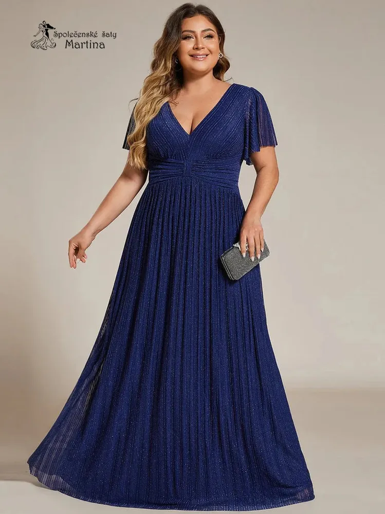 Tmavě modré plus size žebrované společenské šaty "Ebonny" s krátkými rukávy