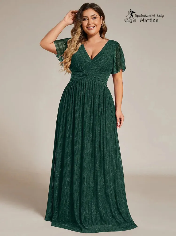 Lahvově zelené plus size žebrované společenské šaty "Ebonny" s krátkými rukávy 