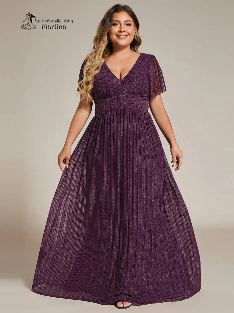 Tmavě fialové plus size žebrované společenské šaty "Ebonny" s krátkými rukávy 