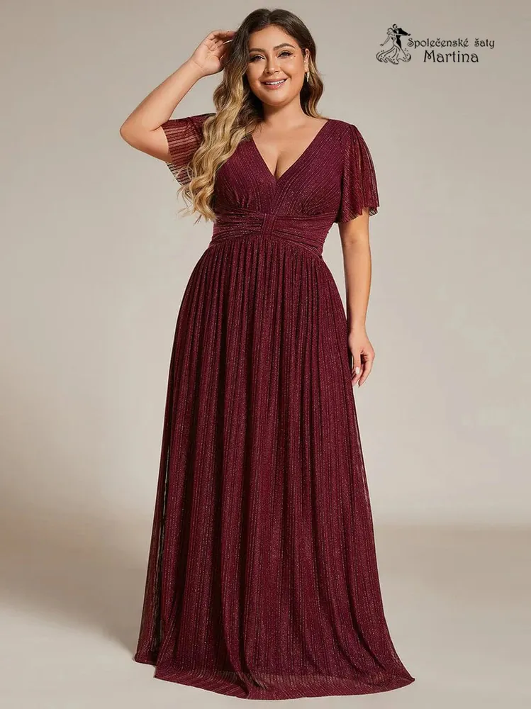 Vínové plus size žebrované společenské šaty "Ebonny" s krátkými rukávy
