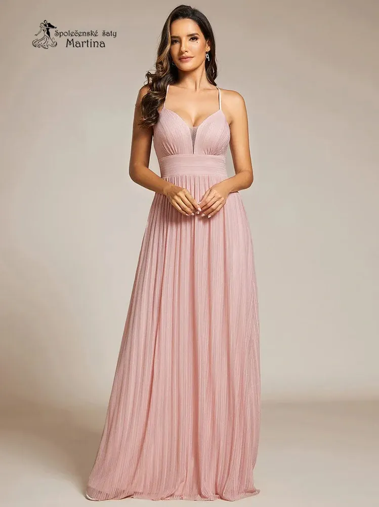 Světle růžové plisované společenské šaty "Lynna" na tenká ramínka - vel. 38