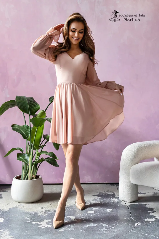 Béžové lehké šifonové koktejlky "Lena" s dlouhým rukávem