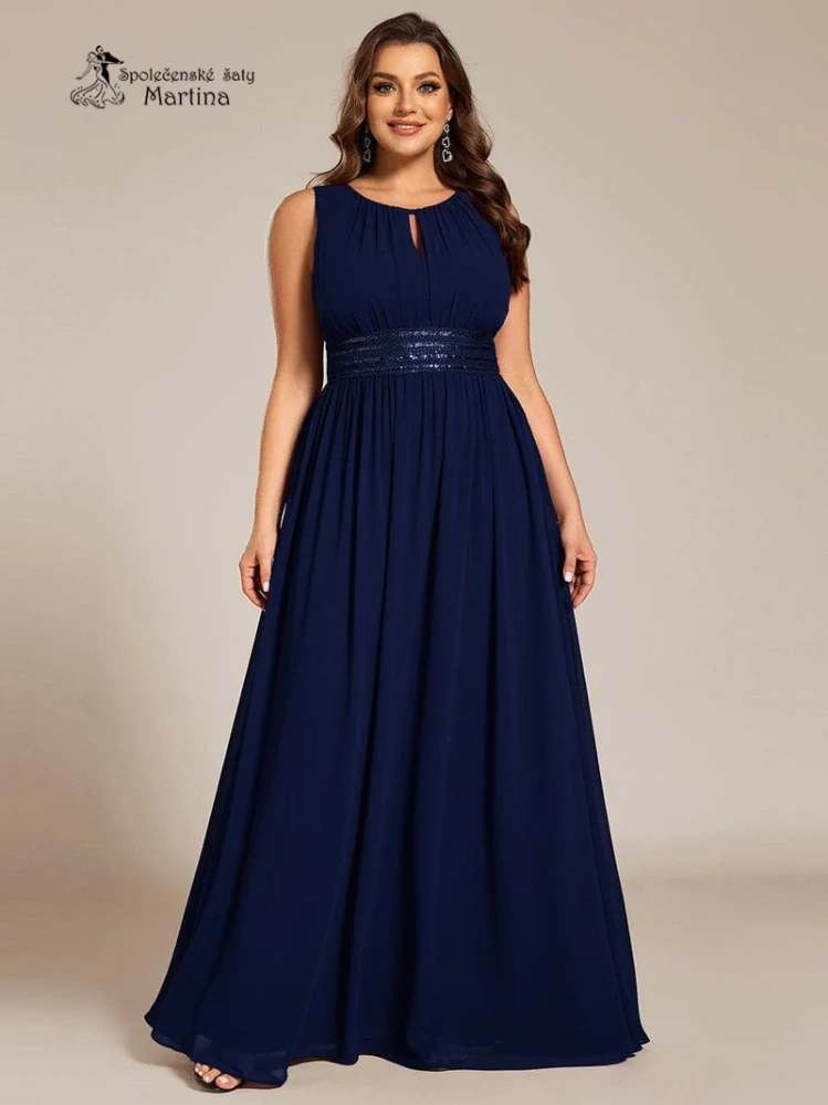 Tmavě modré plus size společenské šaty "Cherry" s lodičkovým výstřihem