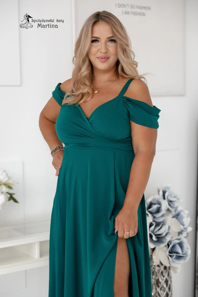 Dlouhé lahvově zelené hladké společenské šaty "Valentina" se spadenými rukávy - vel. 50