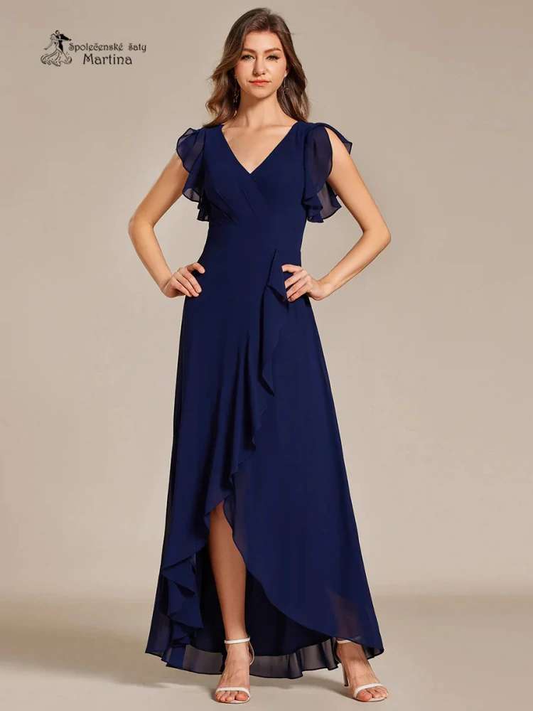Dlouhé asymetrické tmavě modré šaty s volánovými rukávy "Alexina"