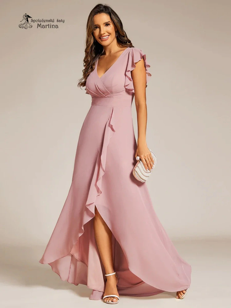 Dlouhé asymetrické starorůžové šaty s volánovými rukávy "Alexina"
