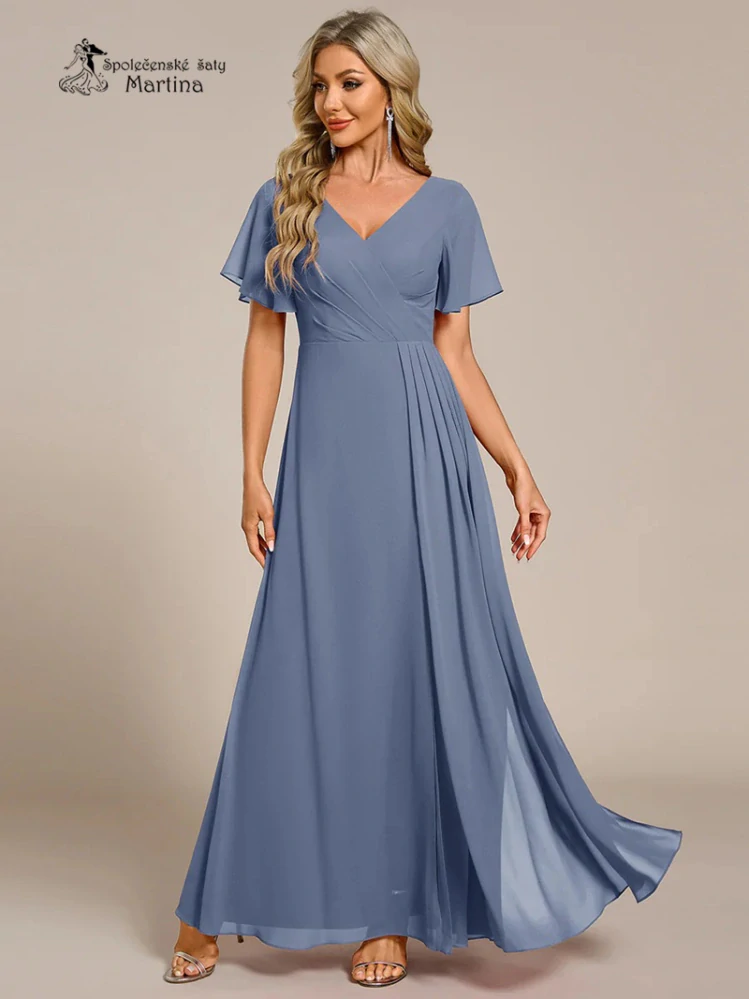 Elegantní staromodré společenské šaty s volnějším krátkým rukávem "Janine"