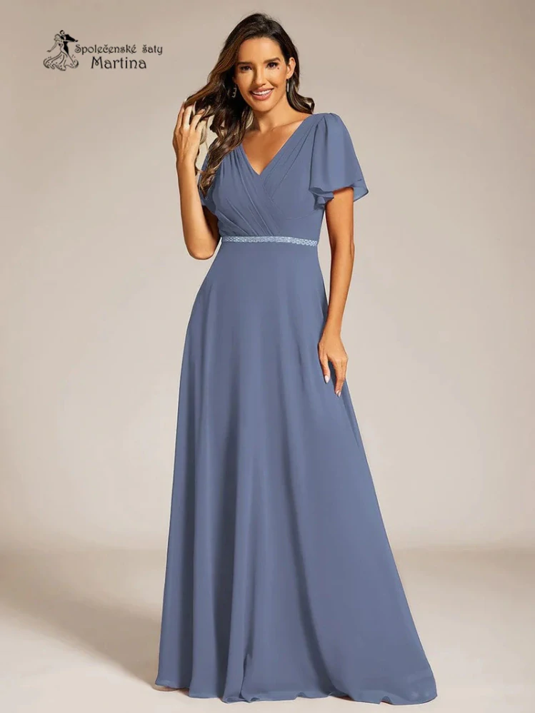 Jednoduše elegantní dusty navy šaty s motýlími rukávy a třpytivým páskem "Claudine"