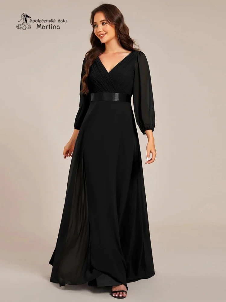 Dlouhé černé šifonové společenské šaty “Camelia” s 3/4 rukávem