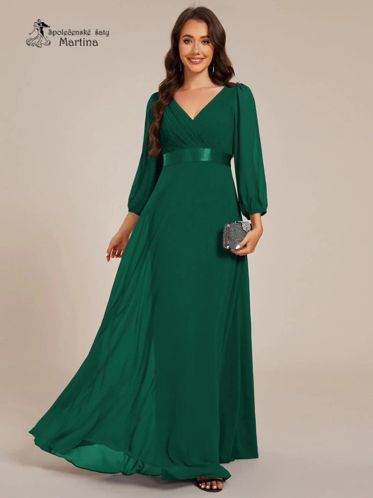 Lahvově zelené šifonové společenské šaty “Camelia” s 3/4 rukávem