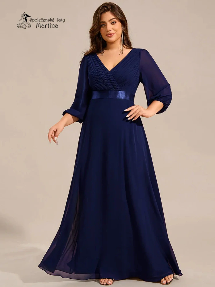 Dlouhé XXL tmavě modré šifonové společenské šaty “Camelia” s 3/4 rukávem