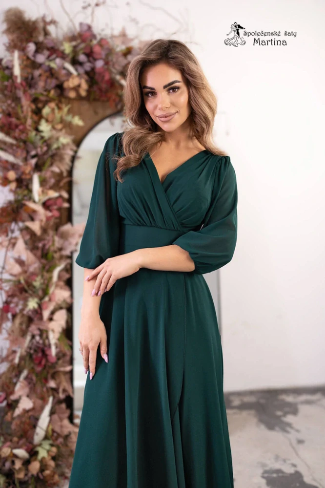 Lahvově zelené dlouhé asymetrické šifonové šaty "Abigail" s ¾ rukávem - vel. 50