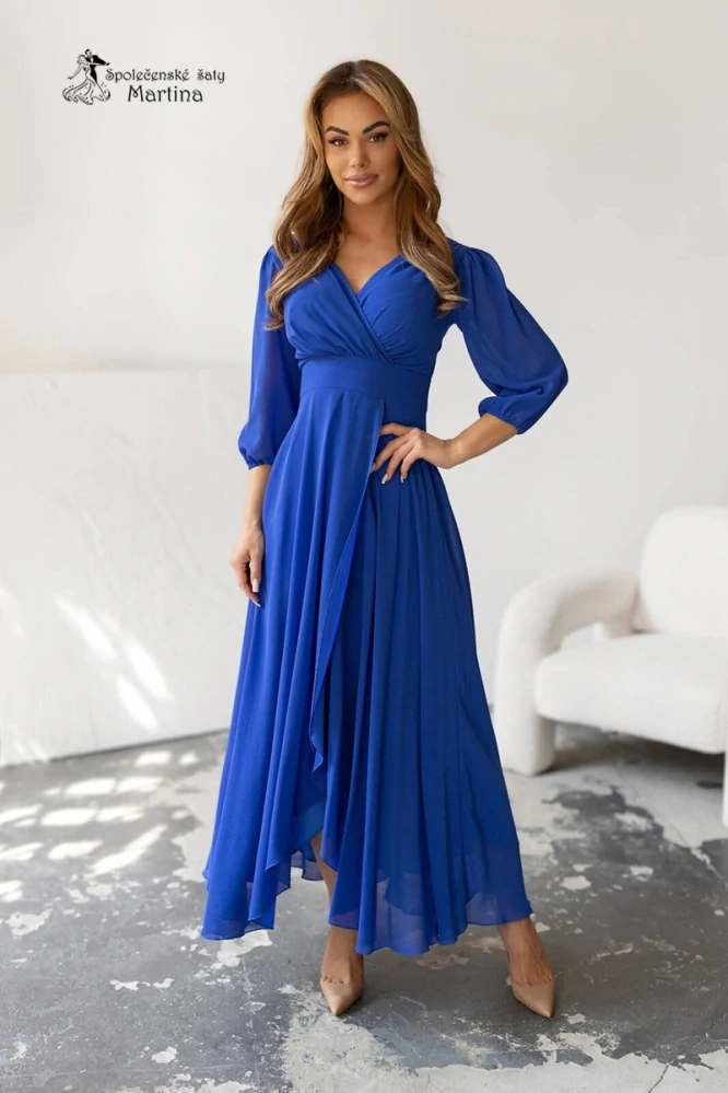 Královsky modré dlouhé asymetrické šifonové šaty "Abigail" s ¾ rukávem - vel. 36