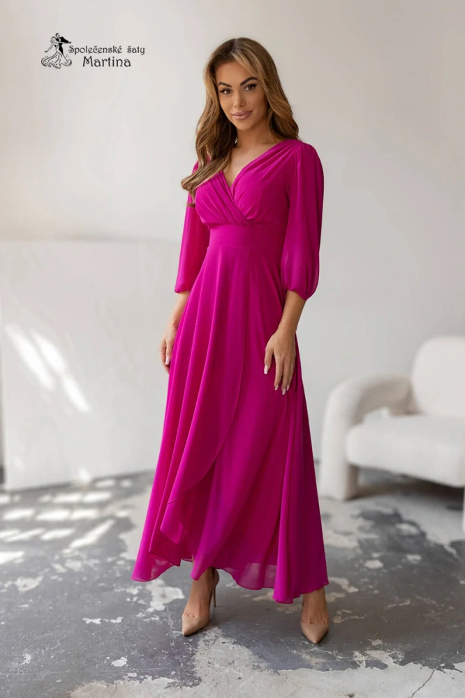 Fuchsiové dlouhé asymetrické šifonové šaty "Abigail" s ¾ rukávem