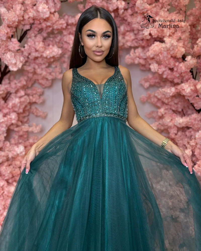 Luxusní lahvově zelené plesové šaty s bohatě zdobeným živůtkem "Maybach" - vel. 36