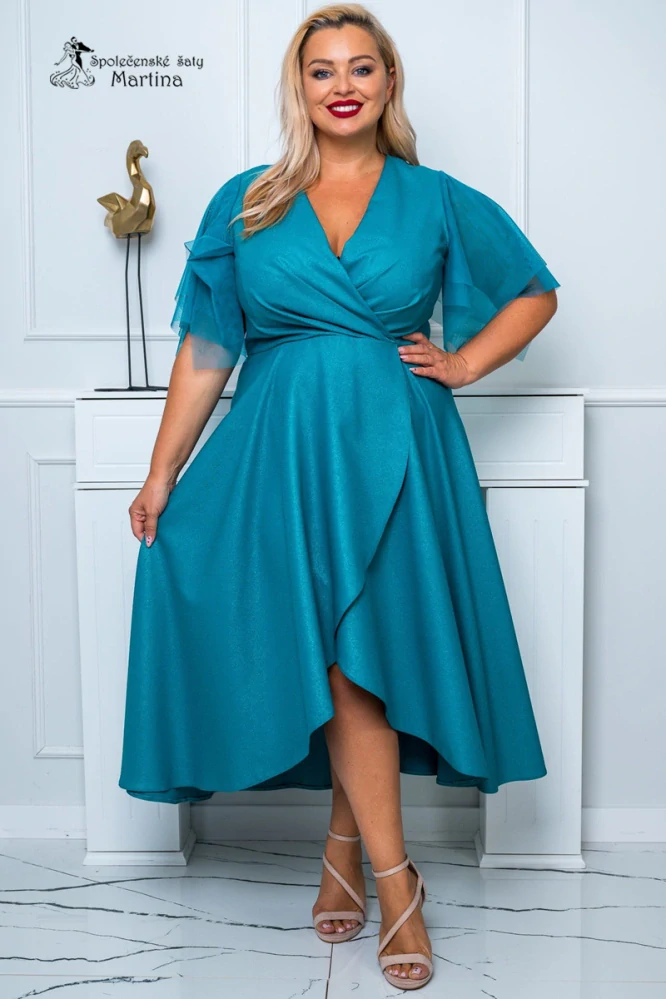 Azurové třpytivé midi společenské šaty "Elena" s efektním překládaným výstřihem a motýlími rukávy