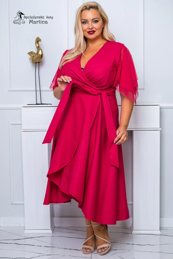 Malinové třpytivé midi společenské šaty "Elena" s efektním překládaným výstřihem a motýlími rukávy  