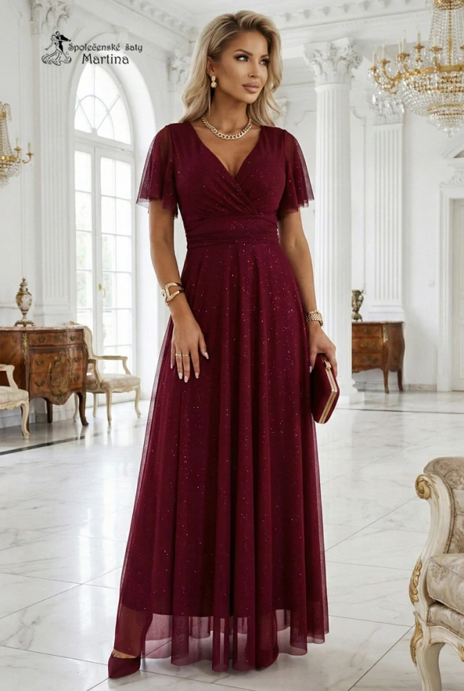 Vínové třpytivé společenské šaty "Melania" s volnými rukávky