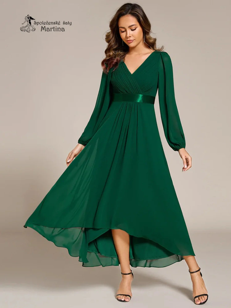 Lahvově zelené midi asymetrické šifonové společenské šaty "Angela" s rukávy