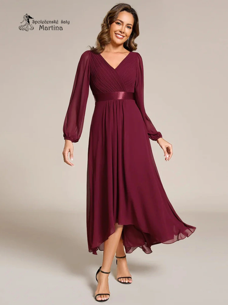 Vínové midi asymetrické šifonové společenské šaty "Angela" s rukávy