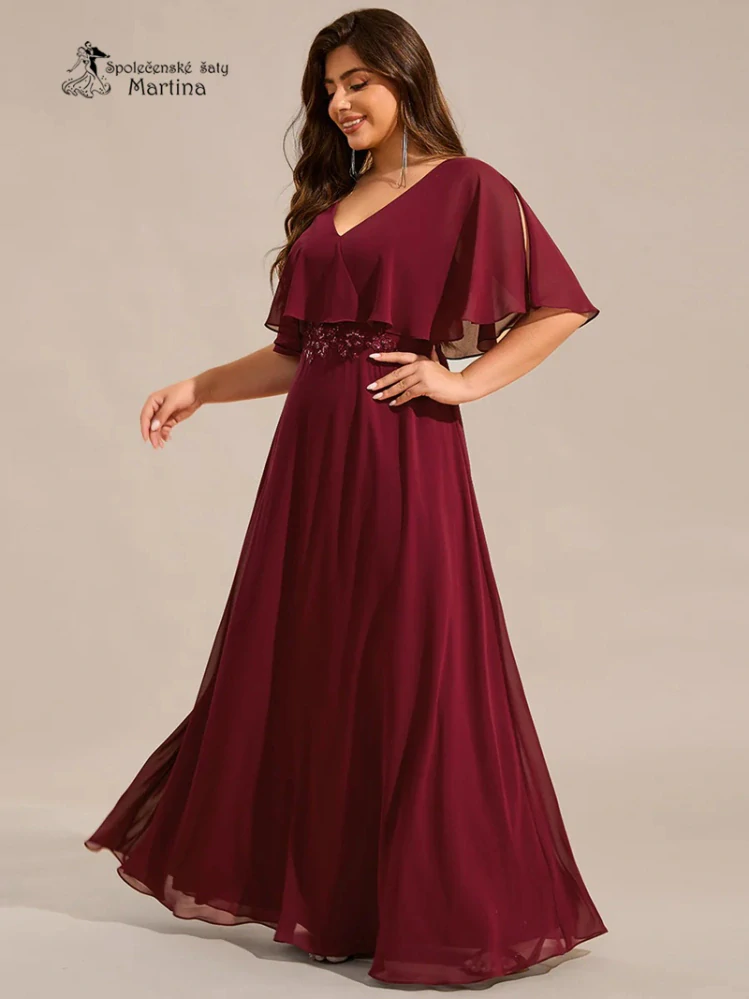 XXL vínové šifonové šaty "Valentine" s netopýřími rukávy - vel. 46