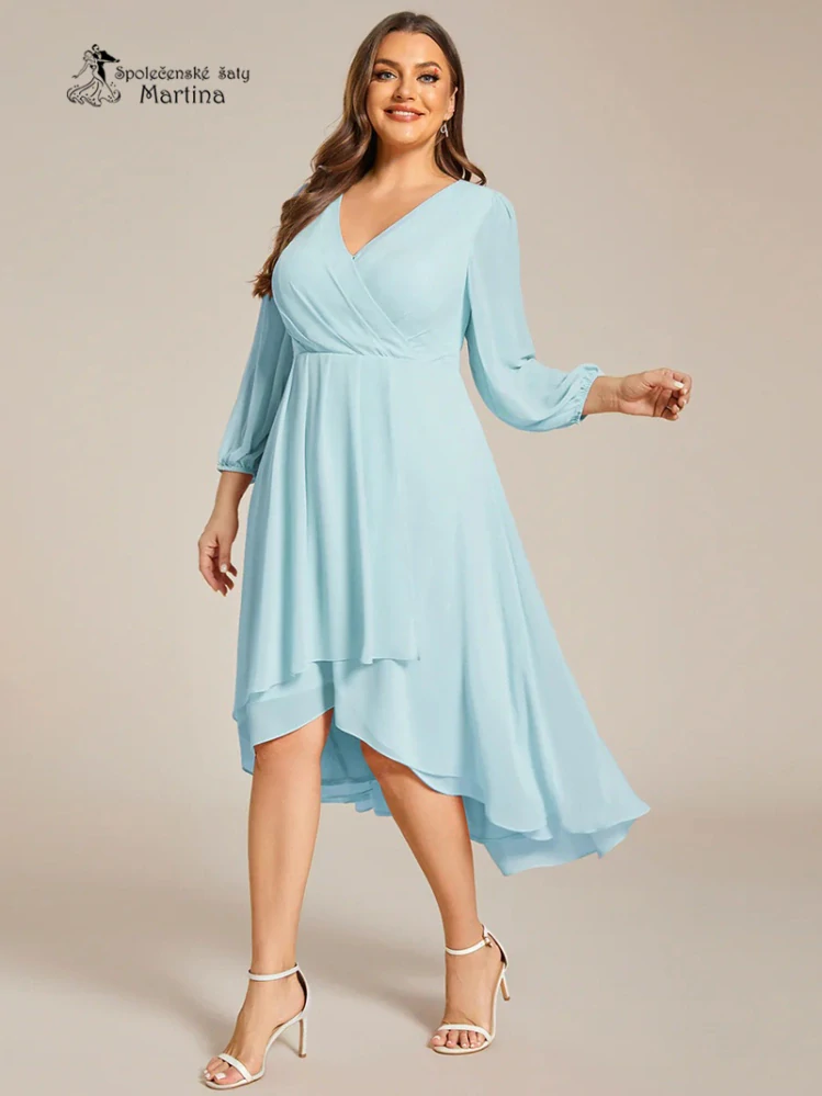 Světle modré midi asymetrické šifonové šaty s 3/4 rukávem "Hirah" - vel. 50