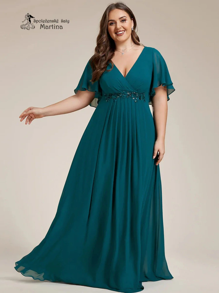 Petrolejové šifonové šaty "Pandora" s volným rukávem a aplikací v pase - vel. 50