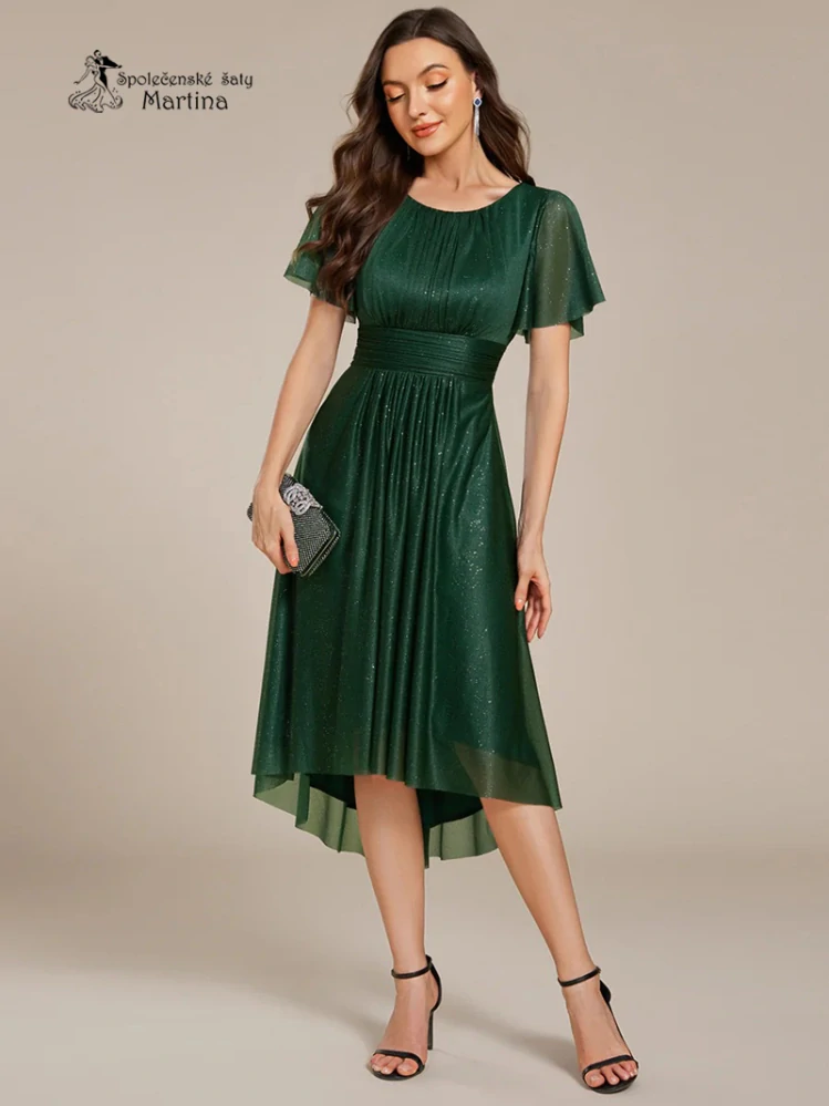 Lahvově zelené krátké midi jemně třpytivé šaty "Joel" s lodičkovým výstřihem