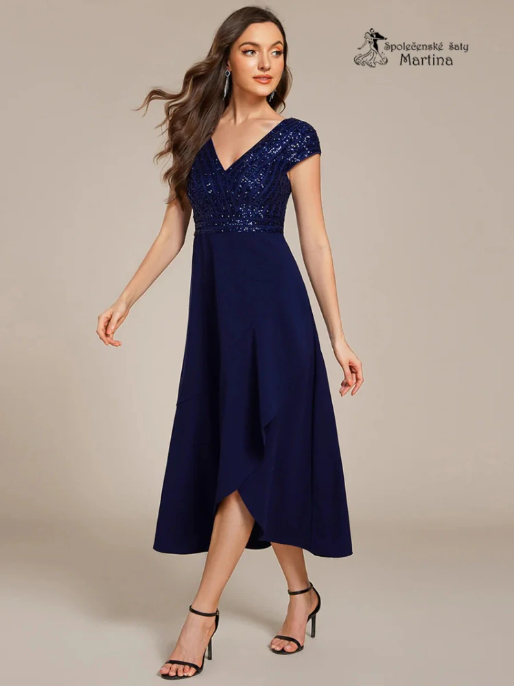 Tmavě modré midi společenské šaty "Cora" se zdobeným živůtkem