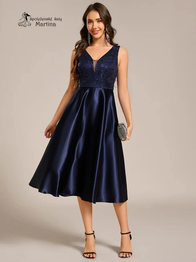 Tmavě modré midi společenské šaty "Basmath" s pevnou saténovou sukní a zdobeným živůtkem
