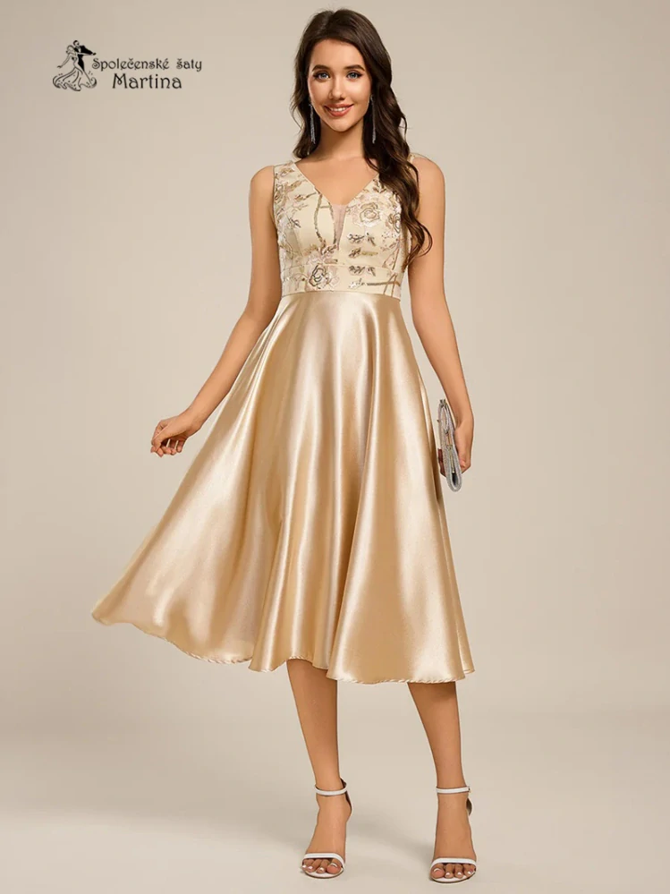 Champagne midi společenské šaty "Basmath" s pevnou saténovou sukní a zdobeným živůtkem