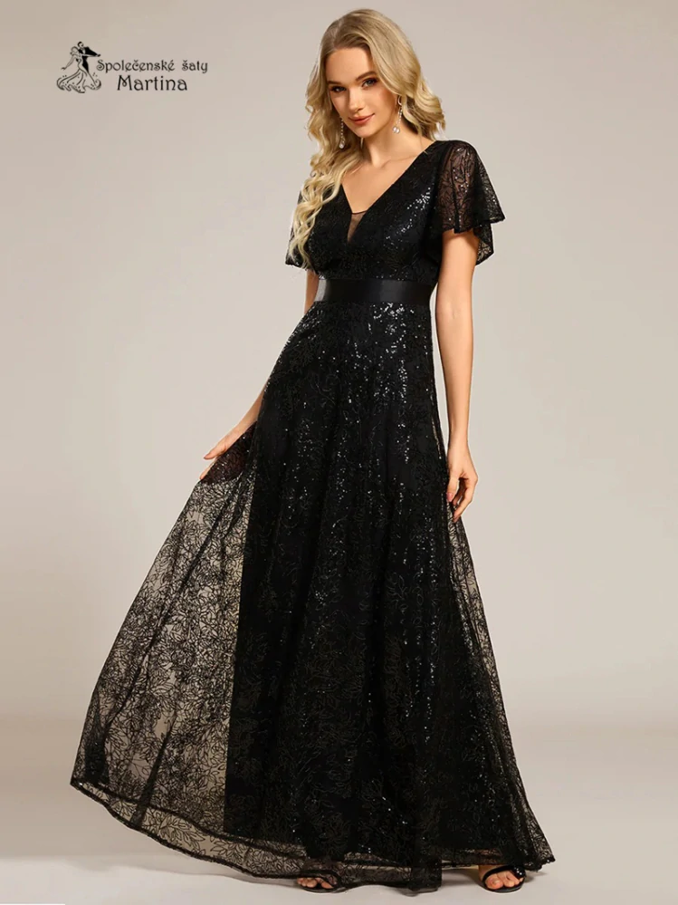 Černé dlouhé večerní plesové šaty "Jami" s krátkým volným rukávem