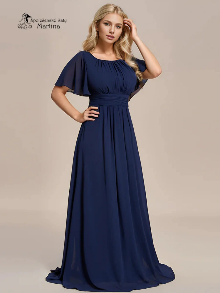 Tmavě modré šifonové šaty s rukávkem a žabičkováním na zádech "Stela" - vel. 38