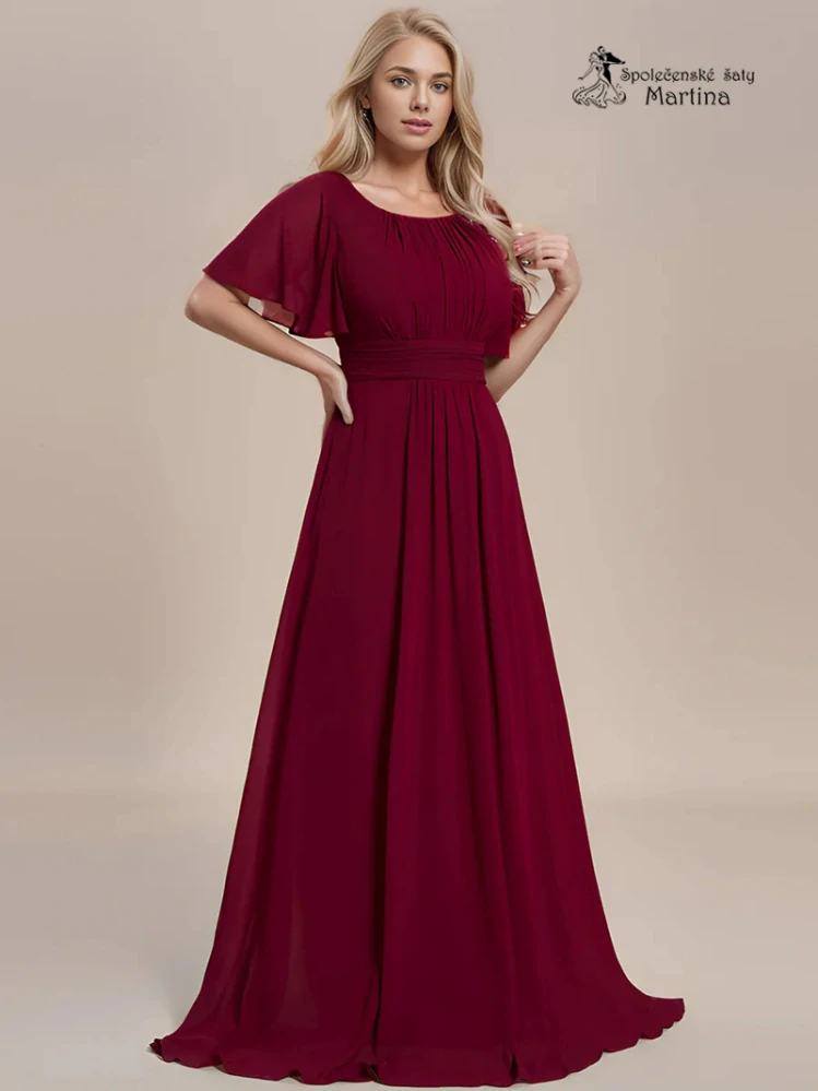 Vínové šifonové šaty s rukávkem a žabičkováním na zádech "Stela"