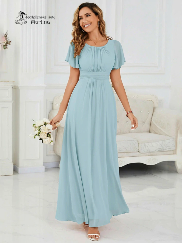 Světle modré šifonové šaty s rukávkem a žabičkováním na zádech "Stela"