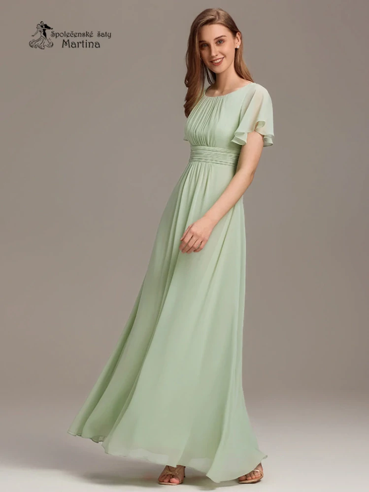 Světle zelené šifonové šaty s rukávkem a žabičkováním na zádech "Stela"