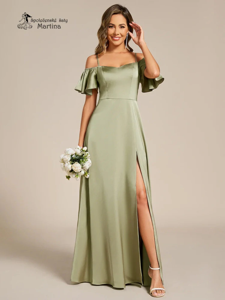 Sage green/šalvějově zelené saténové šaty "Alba" se spadenými rukávy pro družičku či svatebního hosta - vel. 36