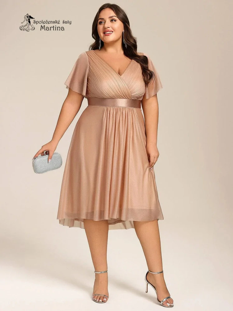XXL zlato růžové lehké, mírně asymetrické šaty "Bonita" s krátkými rukávy