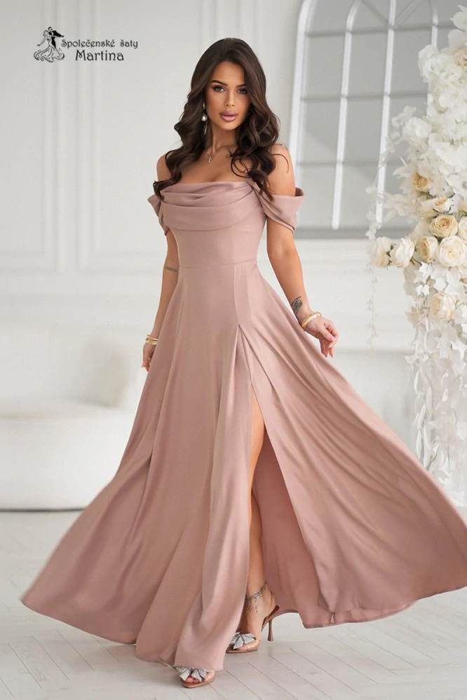 Cappuccino šaty "Sunny" se spadenými ramínky z jemně lesklého materiálu - vel. 36