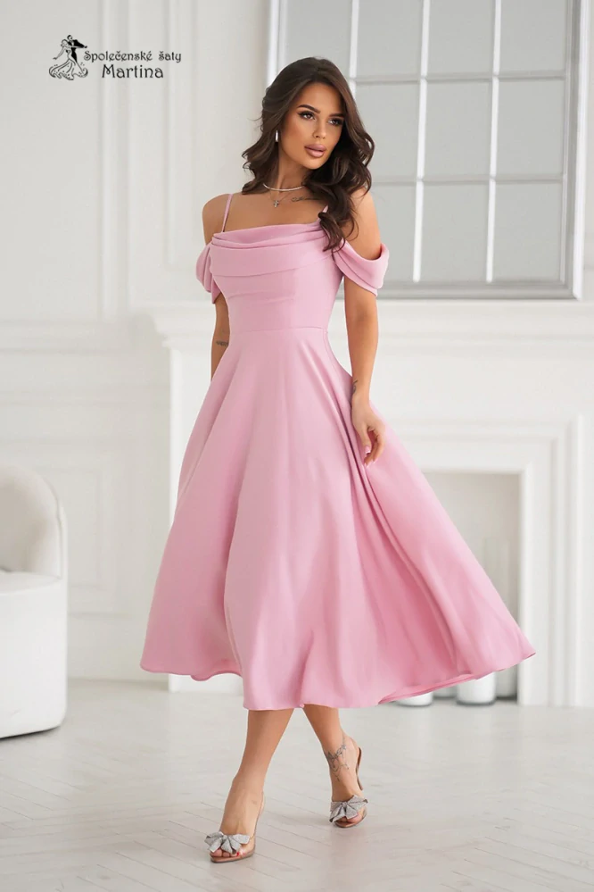 Růžové hladké midi šaty "Sunshine" se spadenými ramínky - vel. 34