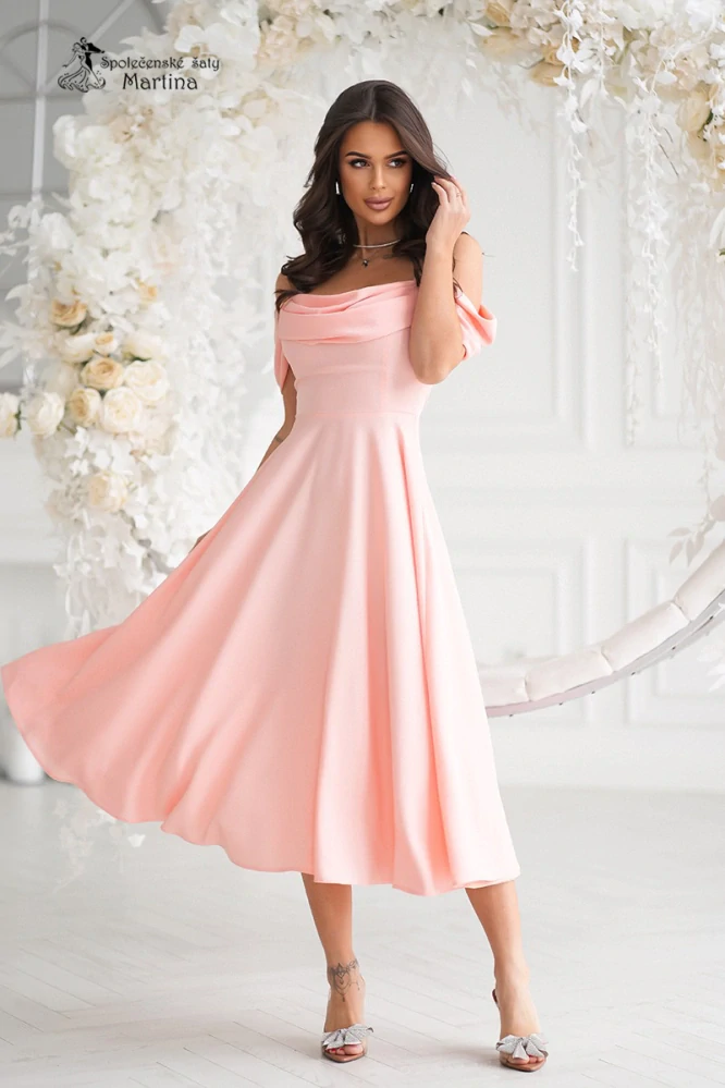 Broskvové hladké midi šaty "Sunshine" se spadenými ramínky - vel. 38