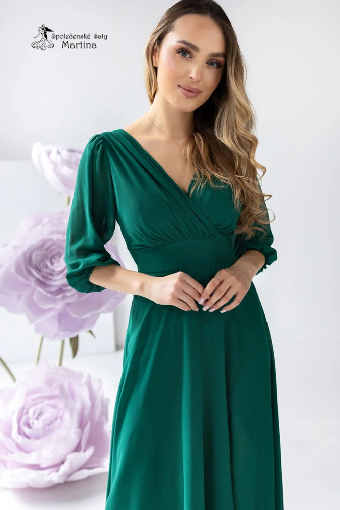 Zelené dlouhé asymetrické šifonové šaty "Abigail" s ¾ rukávem - vel. 36
