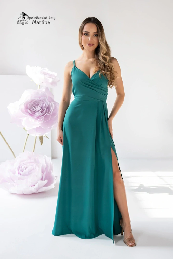 Zelené hladké společenské šaty "Stella" s rozparkem a výstřihem vepředu
