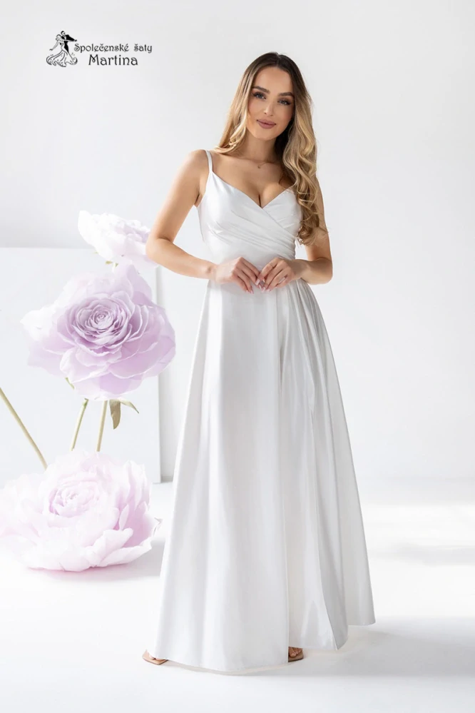 Svatební saténové šaty "Stella" s rozparkem a překládaným živůtkem